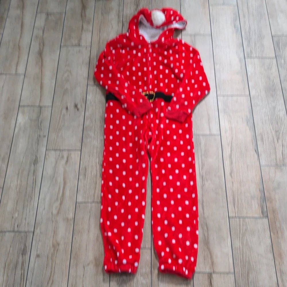 Winter Holiday Girl's Polka Dot Santa Footless Hooded Fleece Onesie/One Piece
